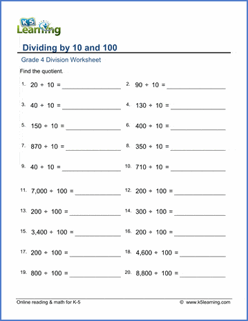 Grade 4 Mental division Worksheet dividing by 10 or 100
