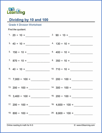 Grade 4 Division Worksheets: Dividing by 10 or 100 | K5 ...