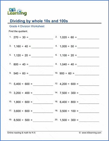 Grade 4 Mental division Worksheet dividing by whole tens and hundreds