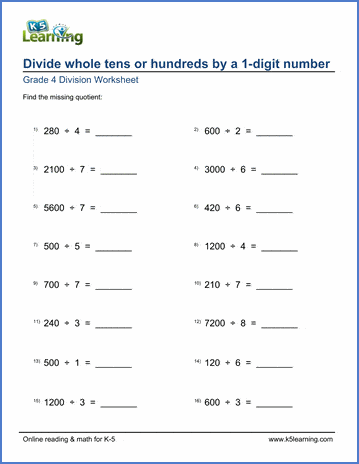 Grade 4 Mental division Worksheet dividing by whole tens or hundreds by a 1-digit number