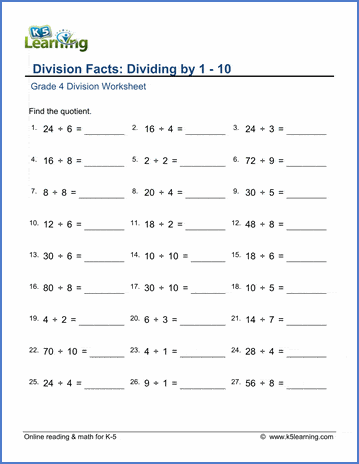 Grade 4 Mental division Worksheet dividing by 1-10