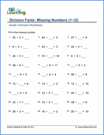Grade 4 Mental division Worksheet dividing by 1-12 with missing number