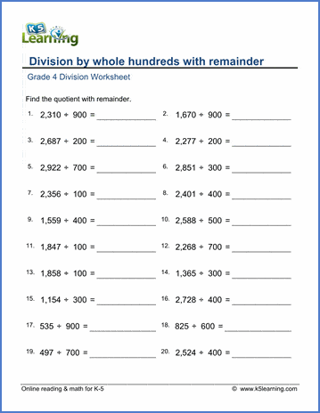 Grade 4 Mental division Worksheet division by whole hundreds with remainder