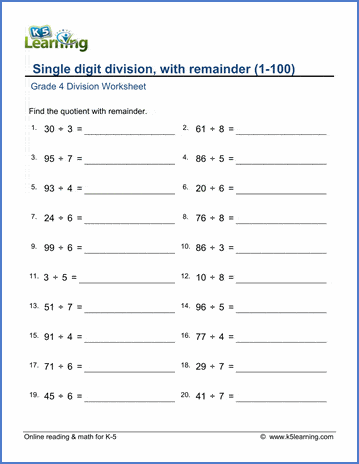 Division with remainder from 1 to 100 worksheets