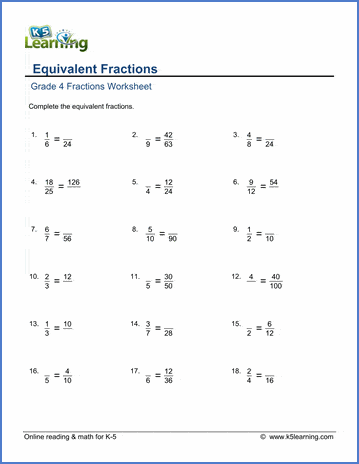 Grade 4 Math Worksheets: Equivalent fractions | K5 Learning