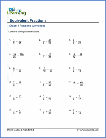 Grade 4 Fractions Worksheet equivalent fractions