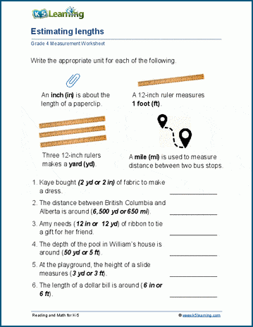 Estimating measurements worksheet