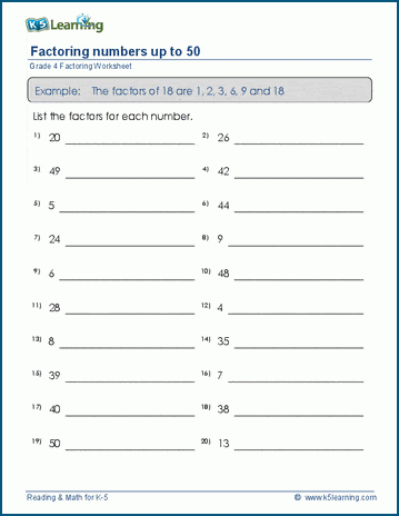 Grade 4 Factoring Worksheet factoring numbers between 4 and 50