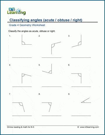 Grade 4 Geometry Worksheet classifying angles - acute, obtuse, right