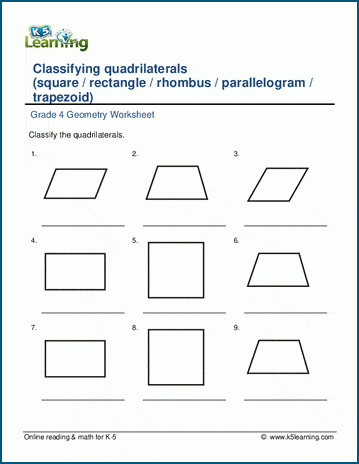 Grade 4 Geometry Worksheets: Classifying quadrilaterals | K5 Learning