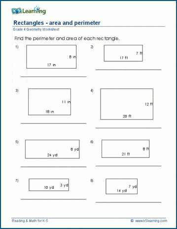Grade 4 Math Worksheet: Perimeter and area of rectangles | K5 Learning