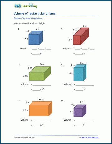 Grade 4 Geometry Worksheet - Volume of rectangular prisms