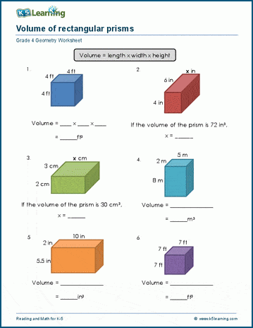 Volume of rectangular prisms worksheets | K5 Learning