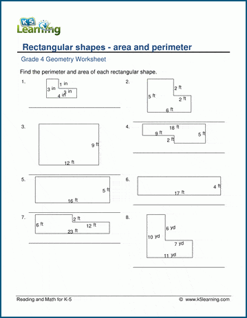 Grade 4 Geometry Worksheet area and perimeter of irregular rectangular shapes