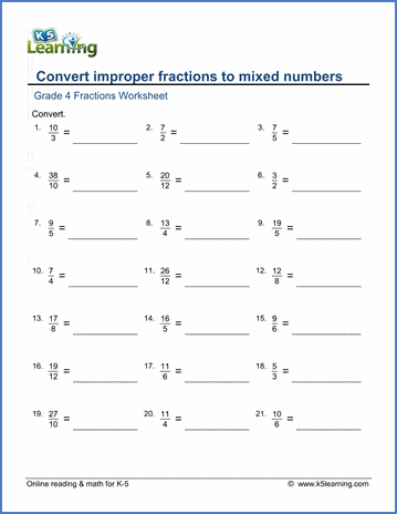 Grade 4 Math Worksheet: Convert improper fractions to mixed numbers | K5  Learning