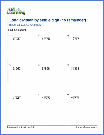 Grade 4 Long Division Worksheet: 3 by 1-digit numbers (no remainder) | K5  Learning