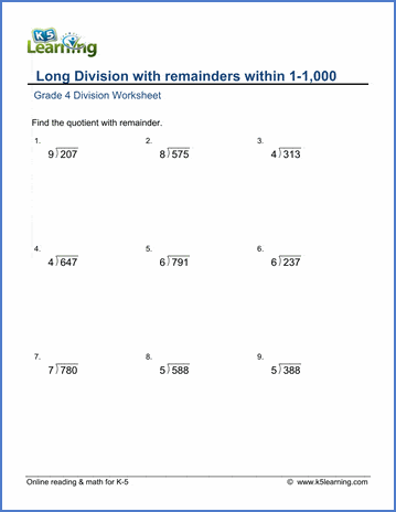 Grade 4 Long division Worksheet 3-digit by 1-digit numbers with remainder