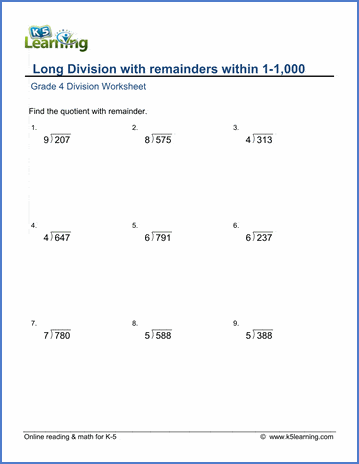 Grade 4 math worksheet - Dividing 3 by 1-digit numbers with remainder | K5  Learning
