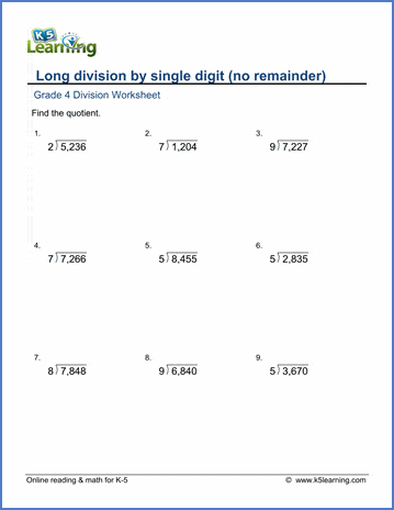 Grade 4 Long division Worksheet 4-digit by 1-digit numbers with no remainder