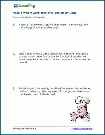 Grade 4 Word Problem Worksheet on measuring mass and weight