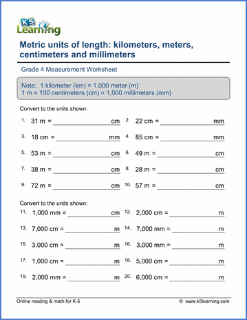 grade 4 measurement worksheets convert metric lengths k5 learning