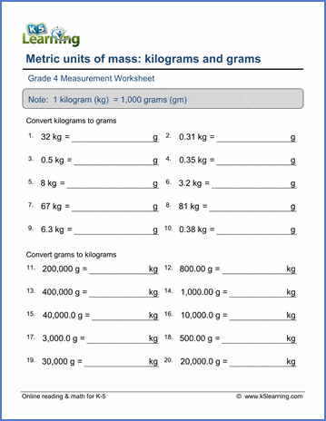 Grade 4 Measurement Worksheet subtract - convert between kilograms and grams
