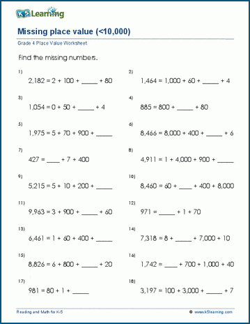 Missing Place Value ( 4-Digit Numbers) Worksheets | K5 Learning