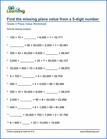 Grade 4 place value & rounding Worksheet find the missing place value from a 5-digit number