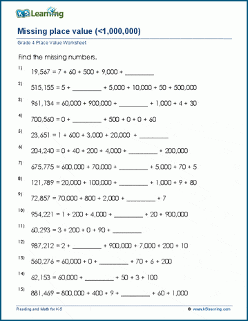 grade 4 math worksheets find the missing place value 6 digits k5