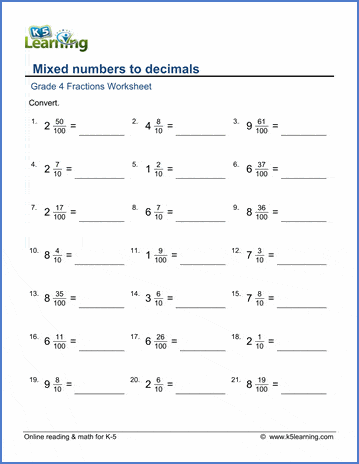 Grade 4 Fractions to decimals Worksheet convert mixed numbers to decimals