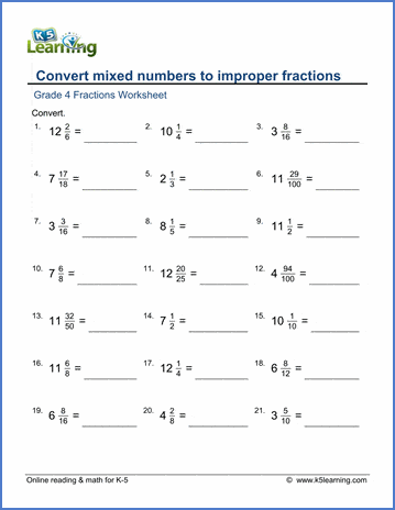 Grade 4 Fractions Worksheet converting mixed numbers to improper fractions - harder