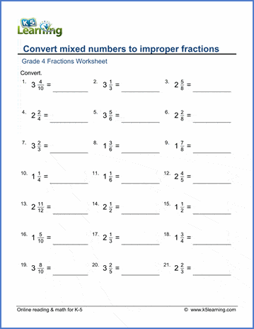 Grade 4 Math Worksheets: Convert mixed numbers to improper fractions | K5  Learning