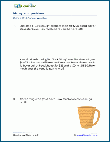 Grade 4 Money Word Problem Worksheets | K5 Learning