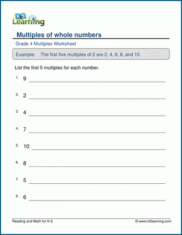 Multiples of whole numbers worksheets 