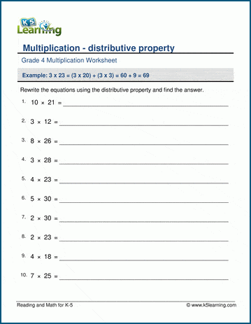 Distributive property of multiplication worksheets