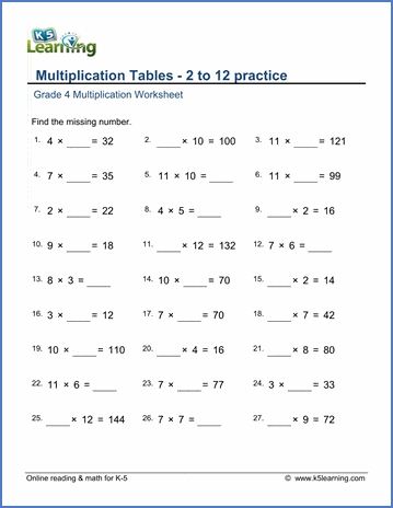 grade 4 worksheet multiplication facts with missing factors 2 12 k5 learning