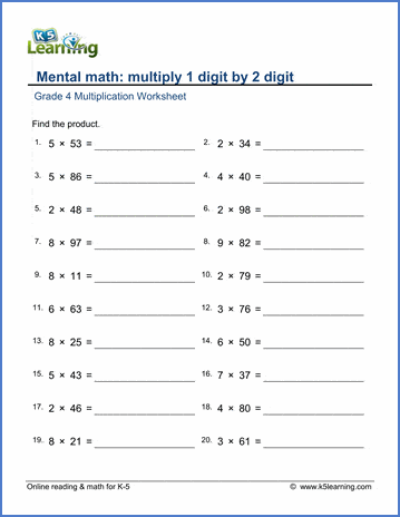 Grade 4 Mental multiplication Worksheet multiply 1-digit by 2-digit numbers