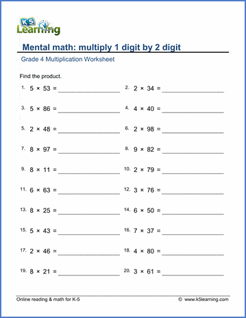 Grade 4 Math Worksheets: Multiply 1 by 2-digit numbers | K5 Learning