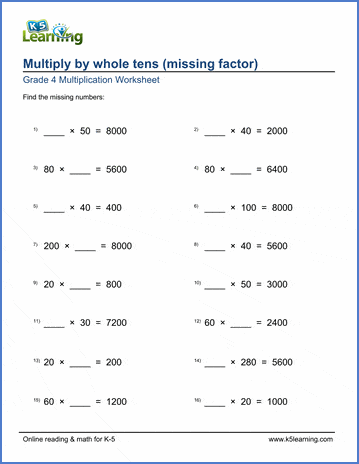 grade 4 worksheets multiplying by whole tens with missing factors k5 learning