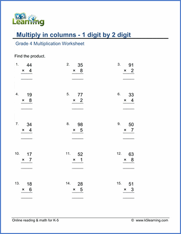 Grade 4 math worksheet - Multiply in columns: 1 by 2-digit numbers | K5  Learning