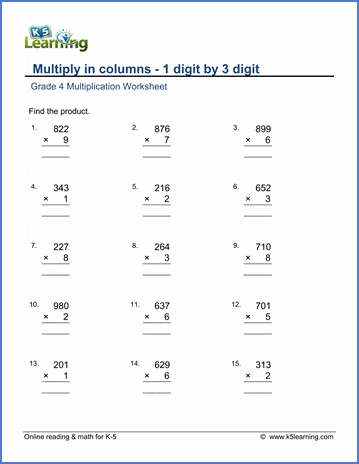Grade 4 math worksheet - Multiply in columns: 1 by 3-digit numbers | K5  Learning