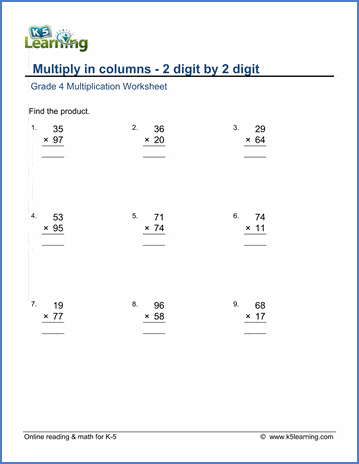Grade 4 multiply in columns Worksheet multiplying 2-digit by 2-digit numbers