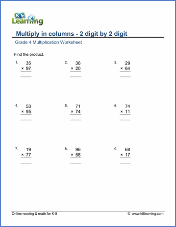 Grade 4 math worksheet - Multiply in columns: 2 by 2-digit numbers | K5  Learning