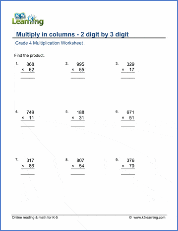 Grade 4 multiply in columns Worksheet multiplying 2-digit by 3-digit numbers