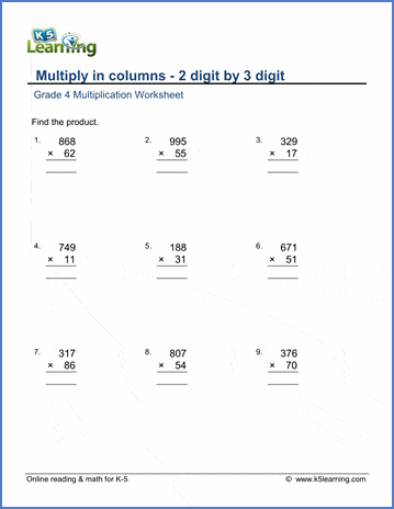 Grade 4 math worksheet - Multiply in columns: 2 by 3-digit numbers | K5  Learning