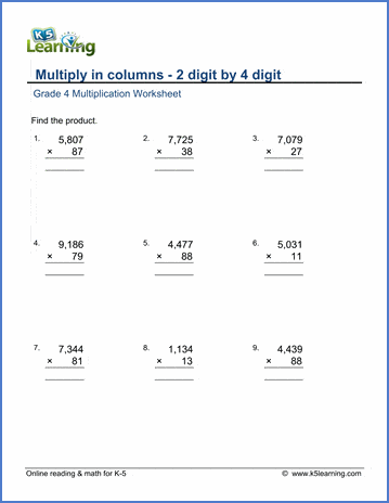 Grade 4 multiply in columns Worksheet multiplying 2-digit by 4-digit numbers