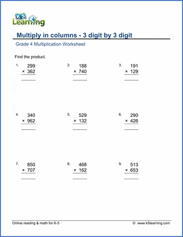 Grade 4 multiply in columns Worksheet multiplying 3-digit by 3-digit numbers