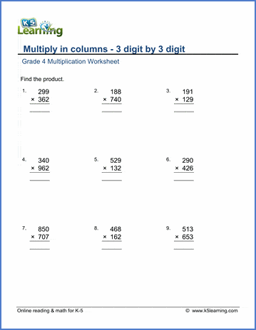 Grade 4 math worksheet - Multiply in columns: 3 by 3-digit numbers | K5  Learning