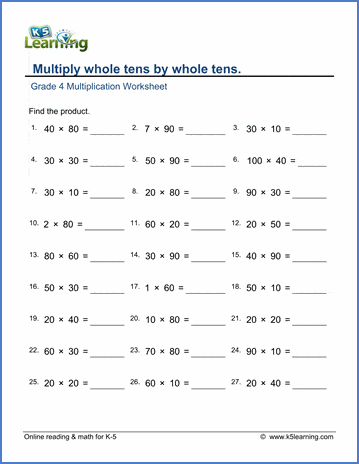 Grade 4 Mental multiplication Worksheet multiply whole tens by whole tens