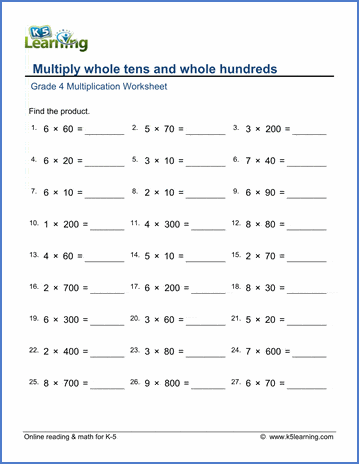 Grade 4 Mental division Worksheet multiply whole tens and whole hundreds